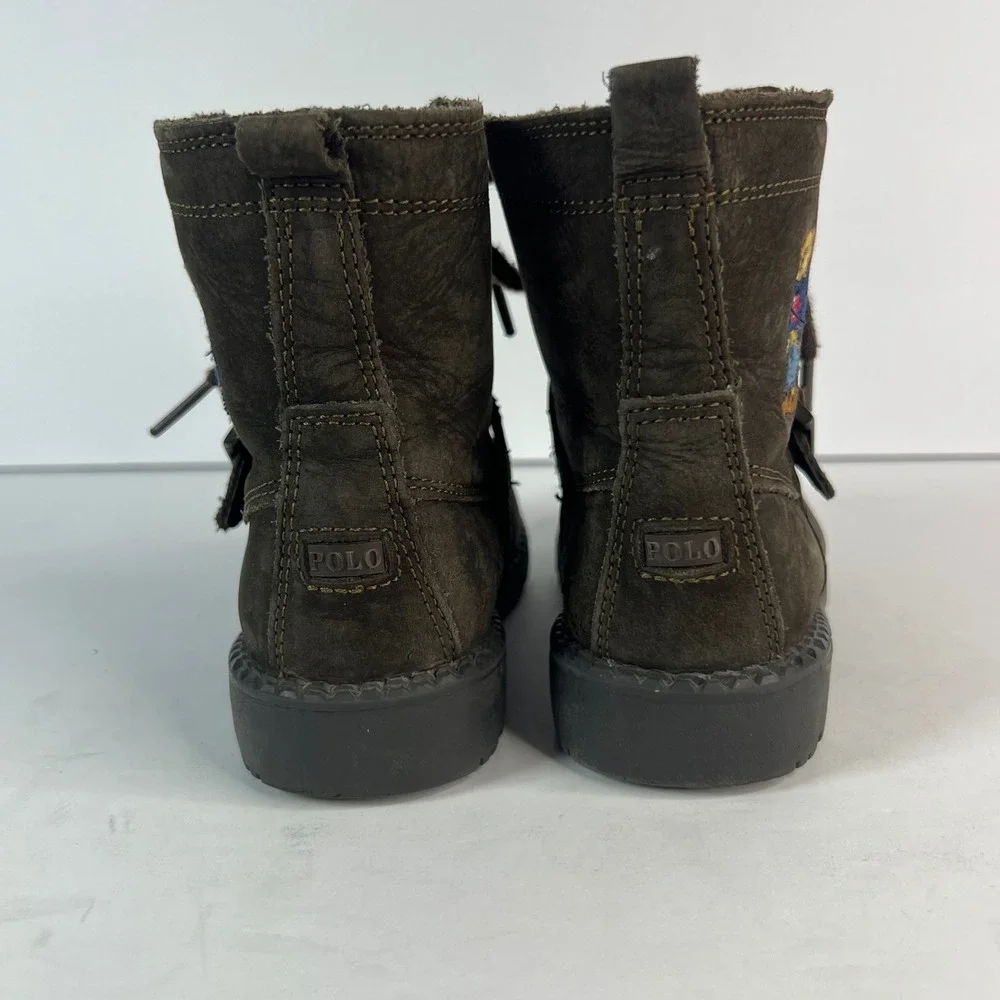Kids Polo Ralph Lauren Ranger High Brown Leather Bear Embroidery Boots‎ Size 8.5